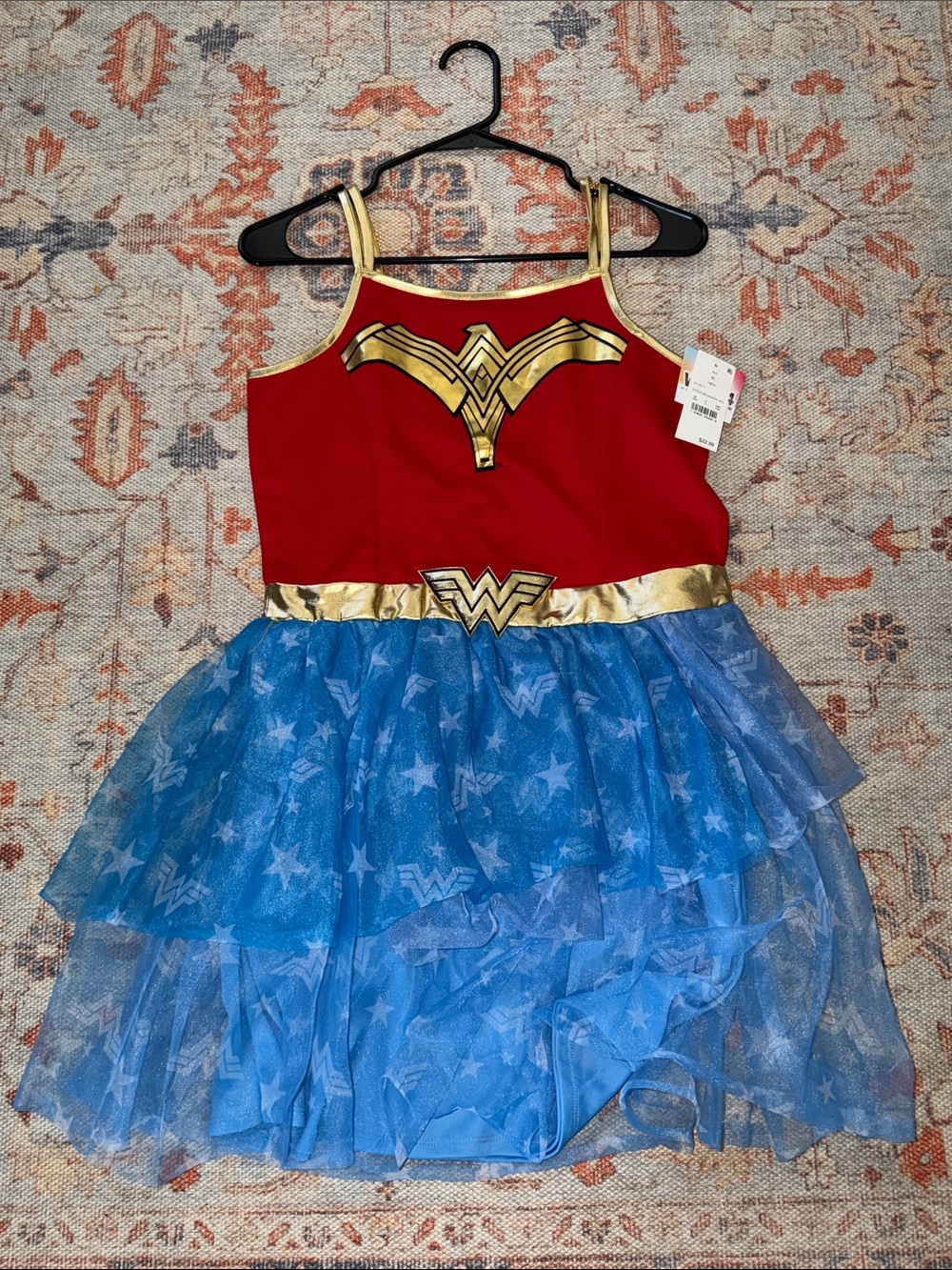 Wonder Woman Girls' Red & Blue Costume Dress with Gold Accents